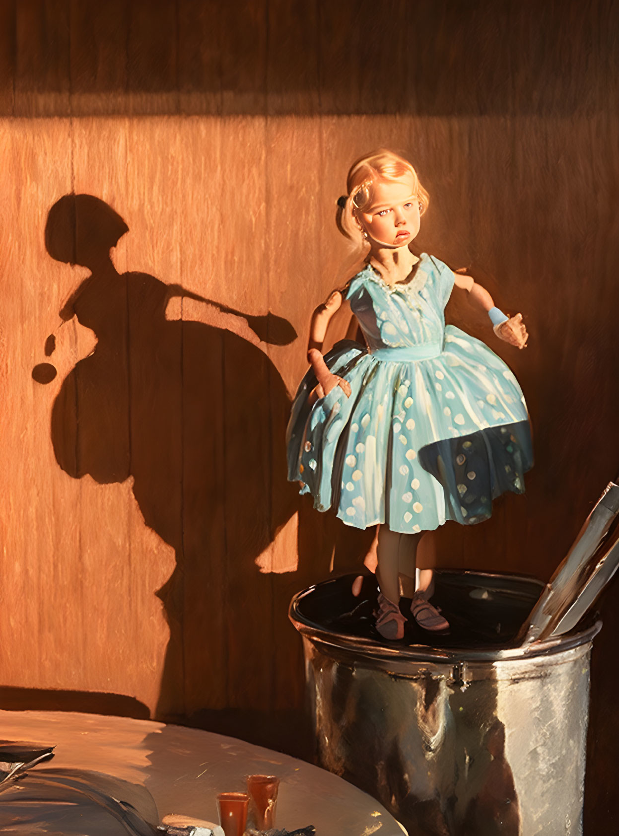 Young girl in blue polka-dot dress on can with contemplative expression