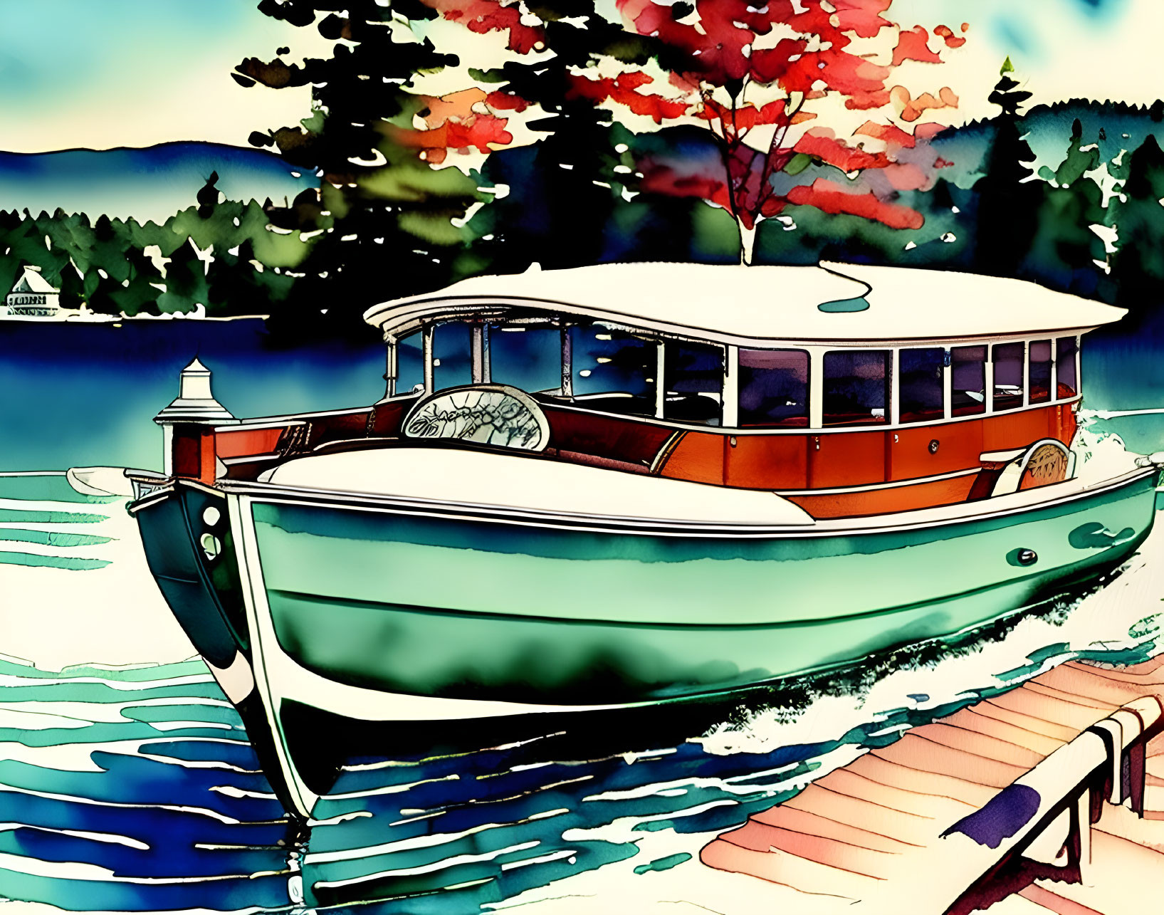 Colorful Illustration of Classic Boat on Serene Lake