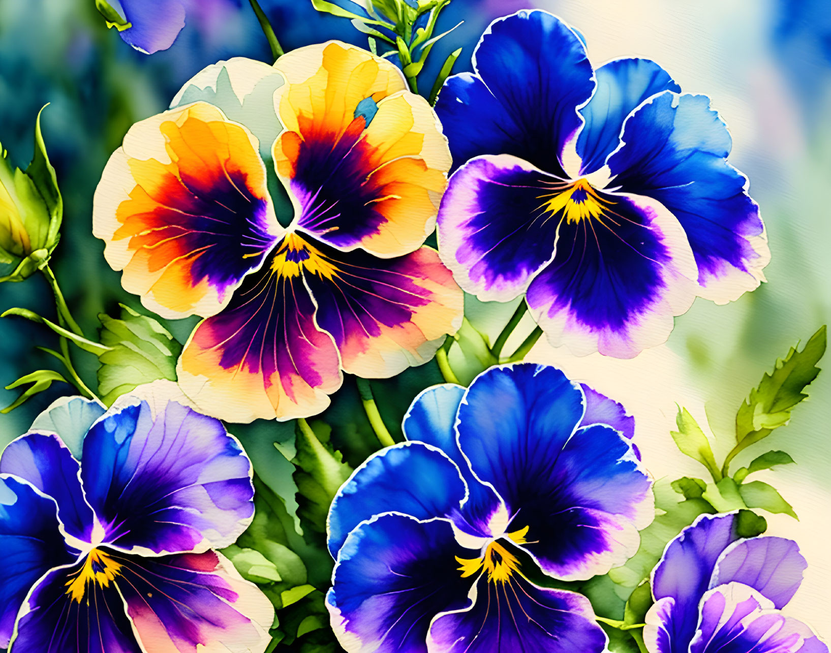 Colorful Watercolor Pansies in Purple, Yellow, and Orange hues with Green Foliage