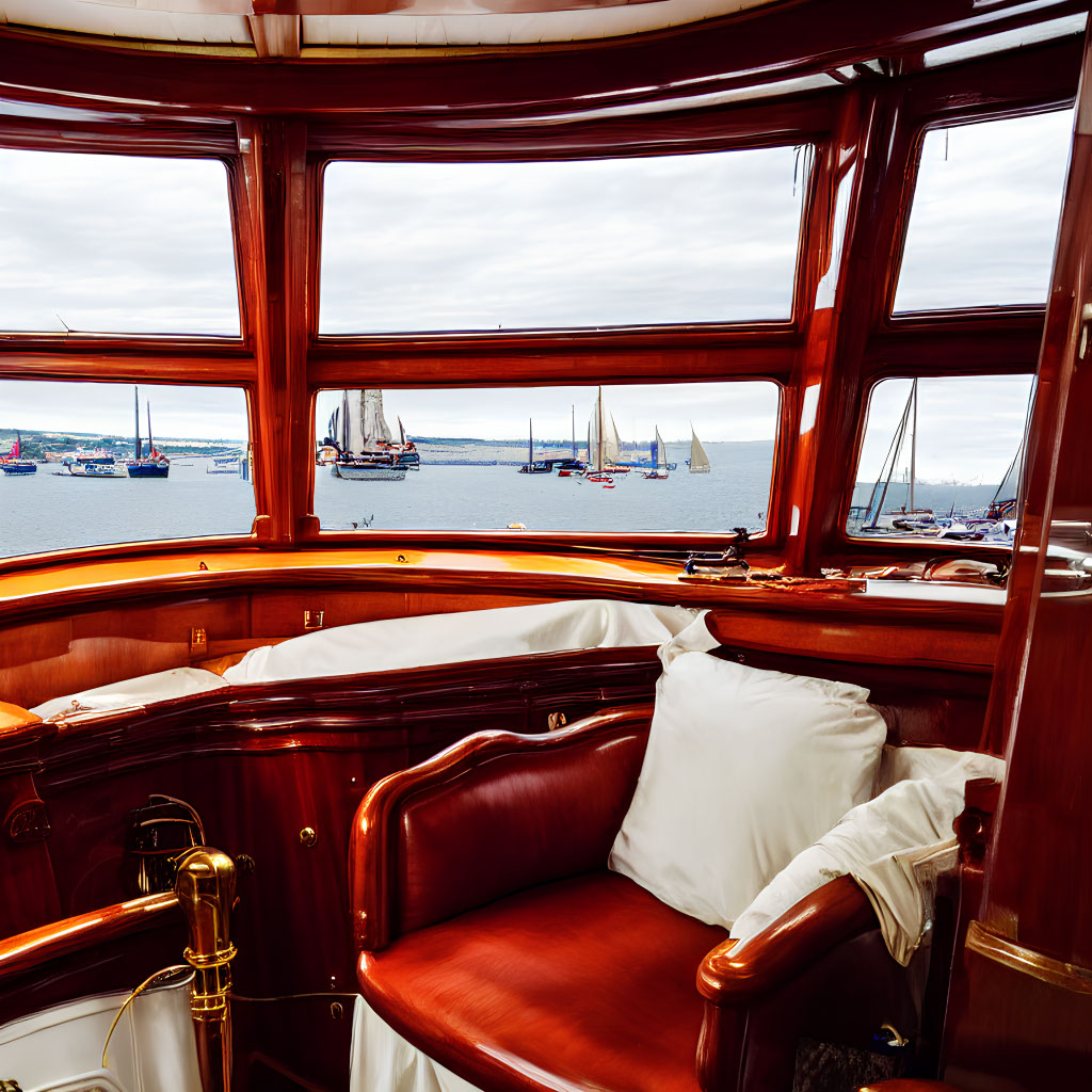 Vintage boat interior with polished wooden panels and red leather seating overlooking harbor with sailing ships through large windows.