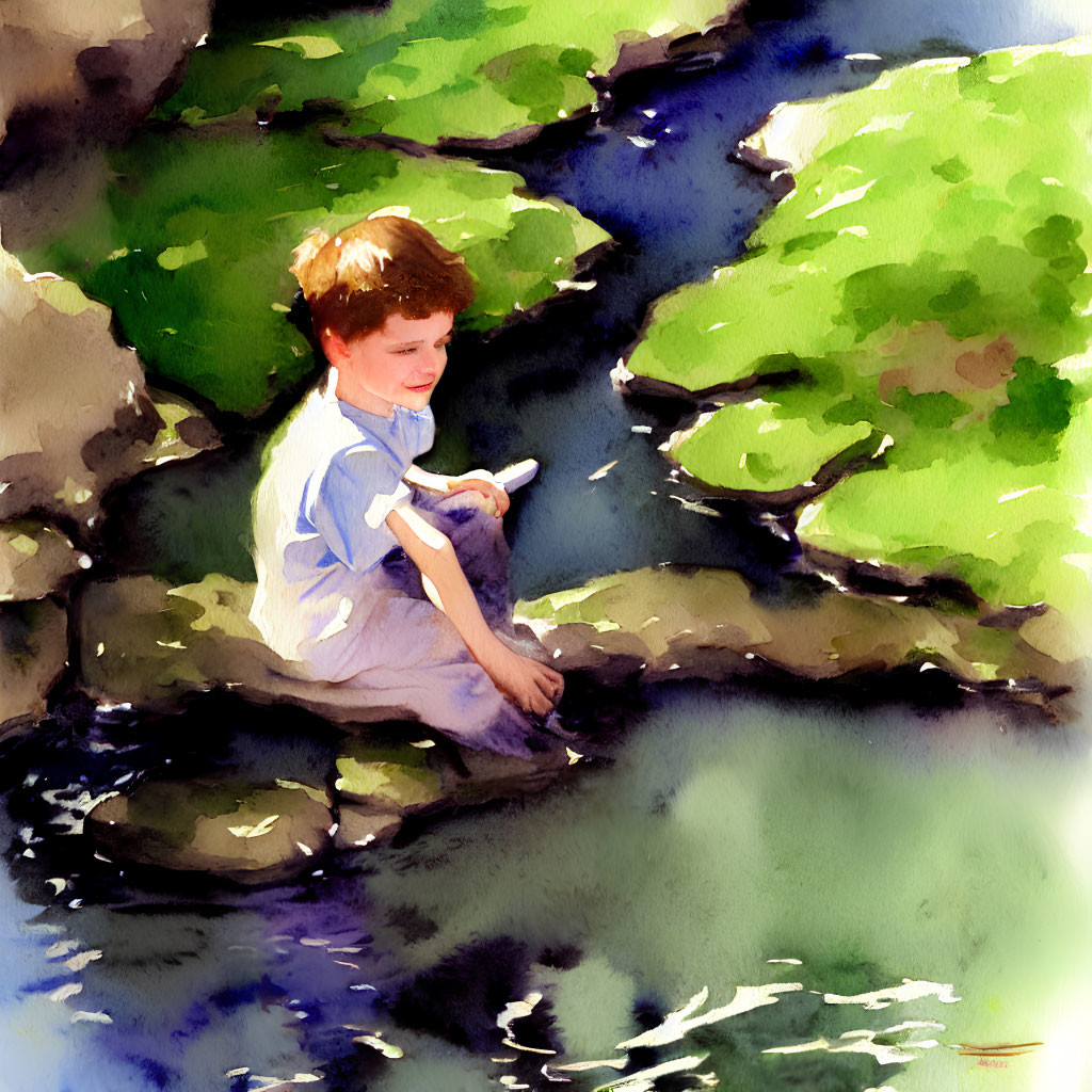 Child sitting by stream with sunlight and greenery in peaceful setting