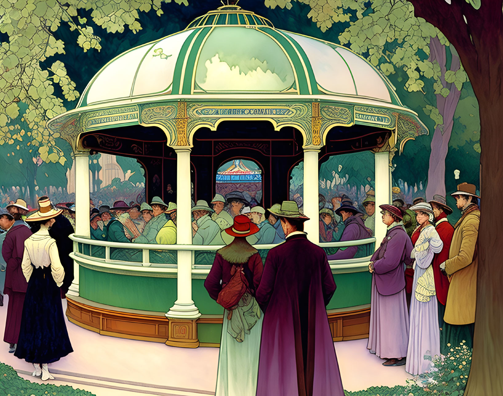 Elegant vintage-style illustration of people at green gazebo