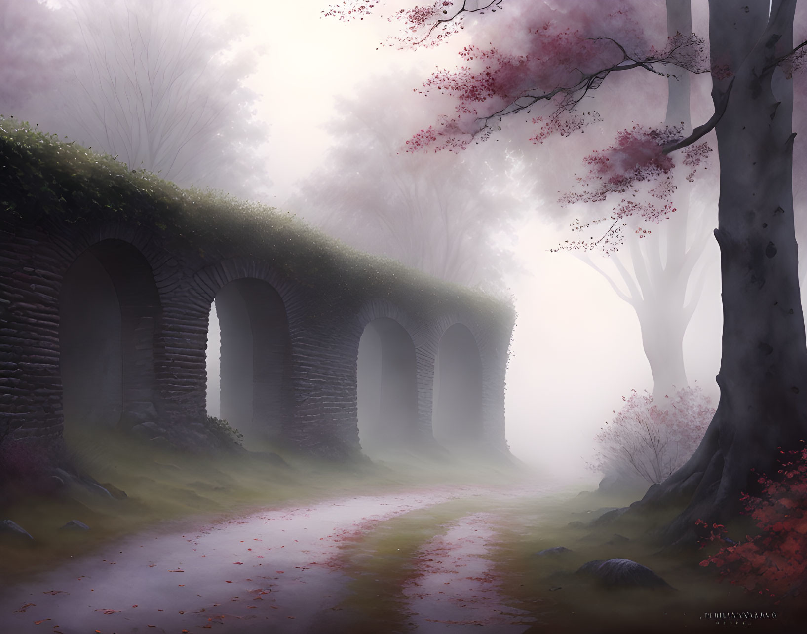 Ancient stone bridge in misty forest with pink petals.