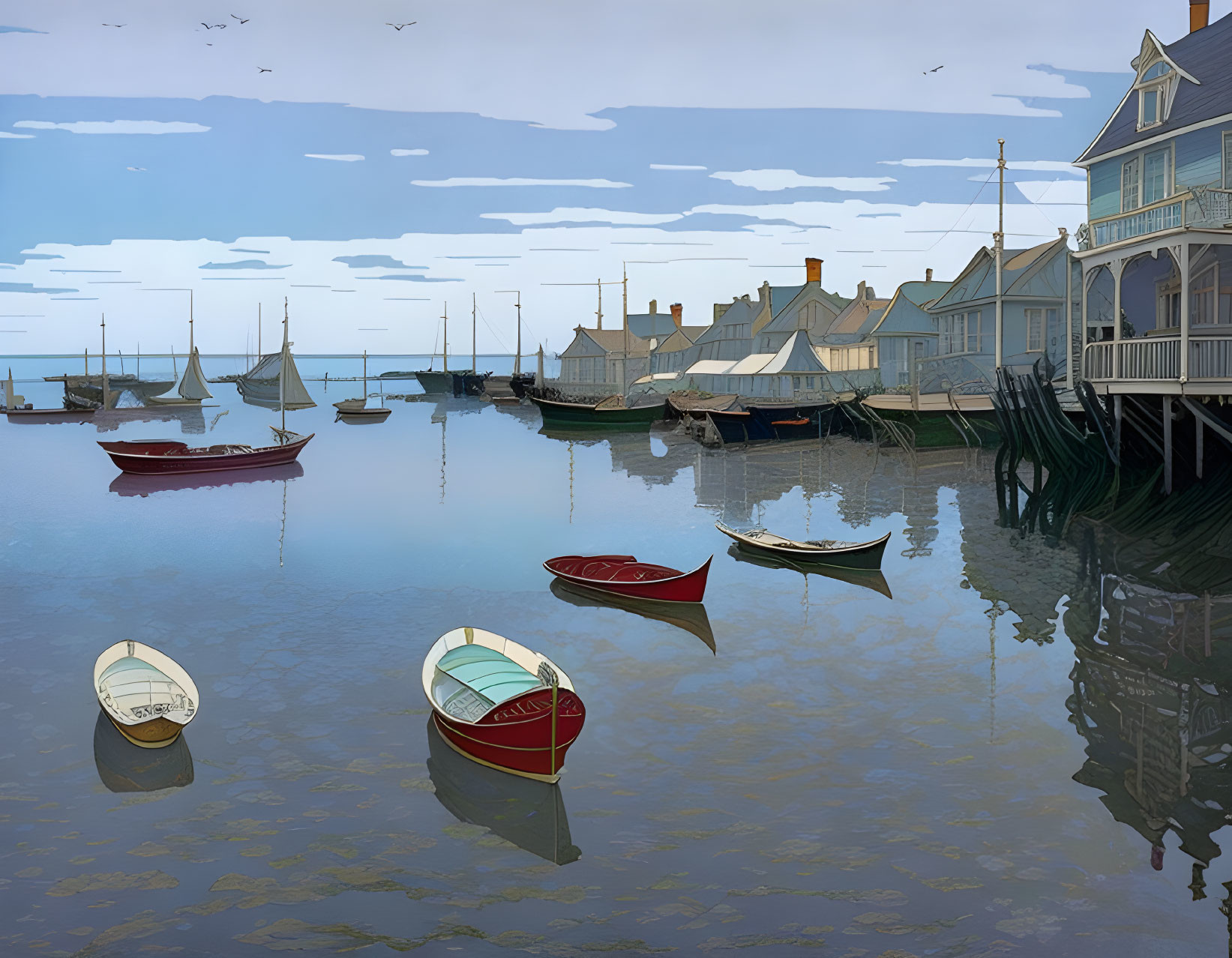 Harbor scene: rowboats, stilt houses, sailboats, birds