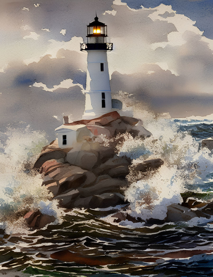 Lighthouse watercolor painting on rocky shore with crashing waves