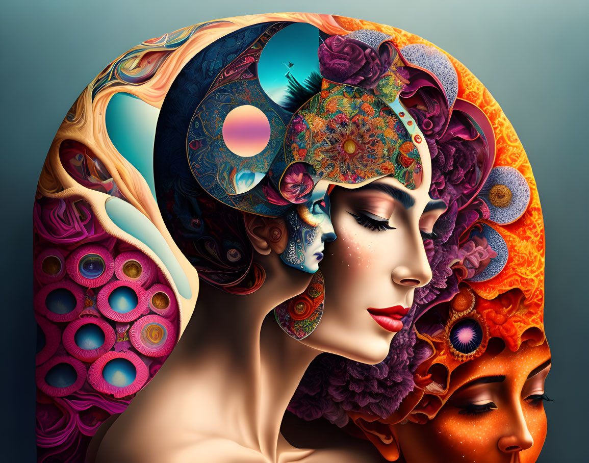 Intricate colorful artwork of woman's profile with surreal nature and celestial motifs