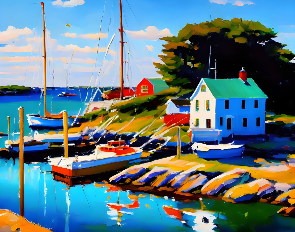 Colorful Coastal Scene: Boats, Jetty, Houses, Blue Sky