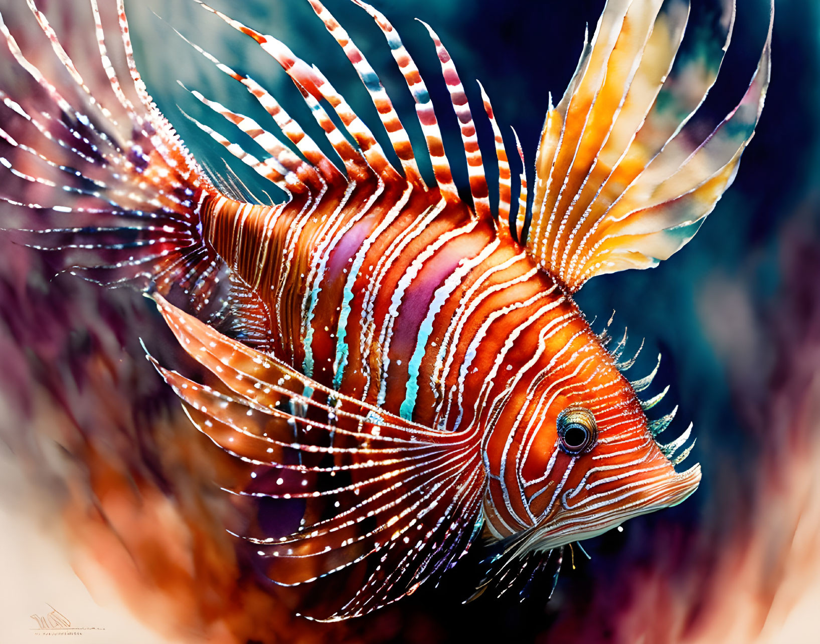 Vibrant lionfish with striped fins and intricate patterns in blue and purple setting.