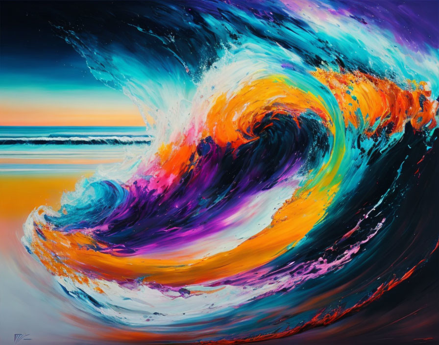 Colorful Abstract Swirling Wave Painting in Blue, Orange, and Purple