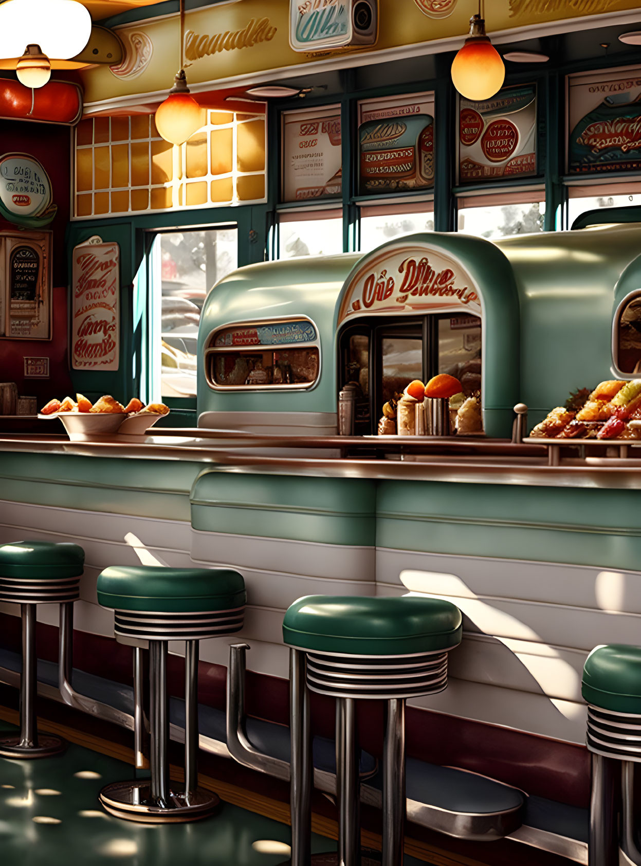 1950s-style vintage diner interior with green booths, round stools, jukebox, and decorative