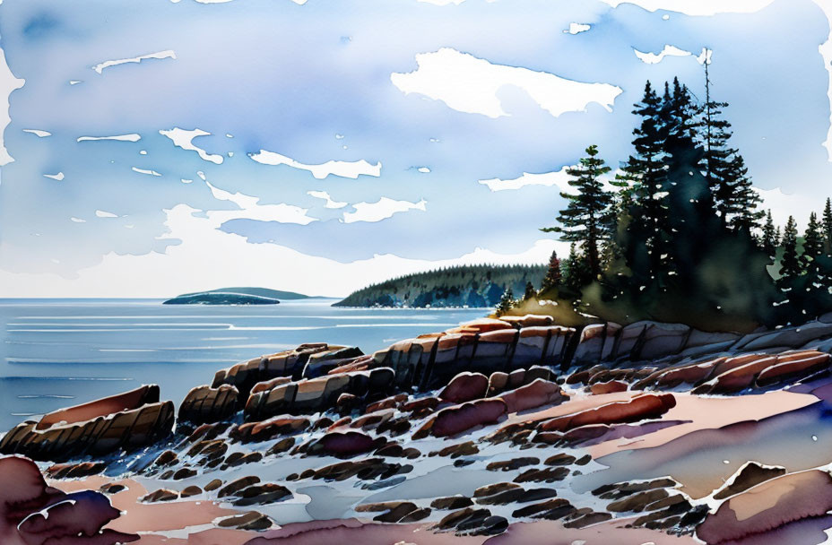 Tranquil watercolor painting of rocky shoreline and evergreen trees