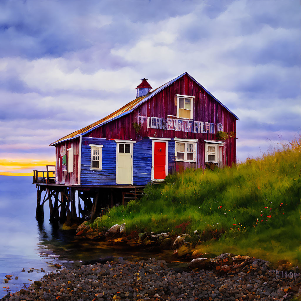 Vibrant seaside stilt house at sunset with cloudy skies.