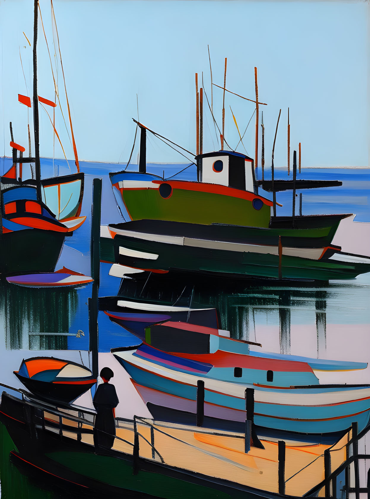 Colorful boats on calm blue water with figure by dock