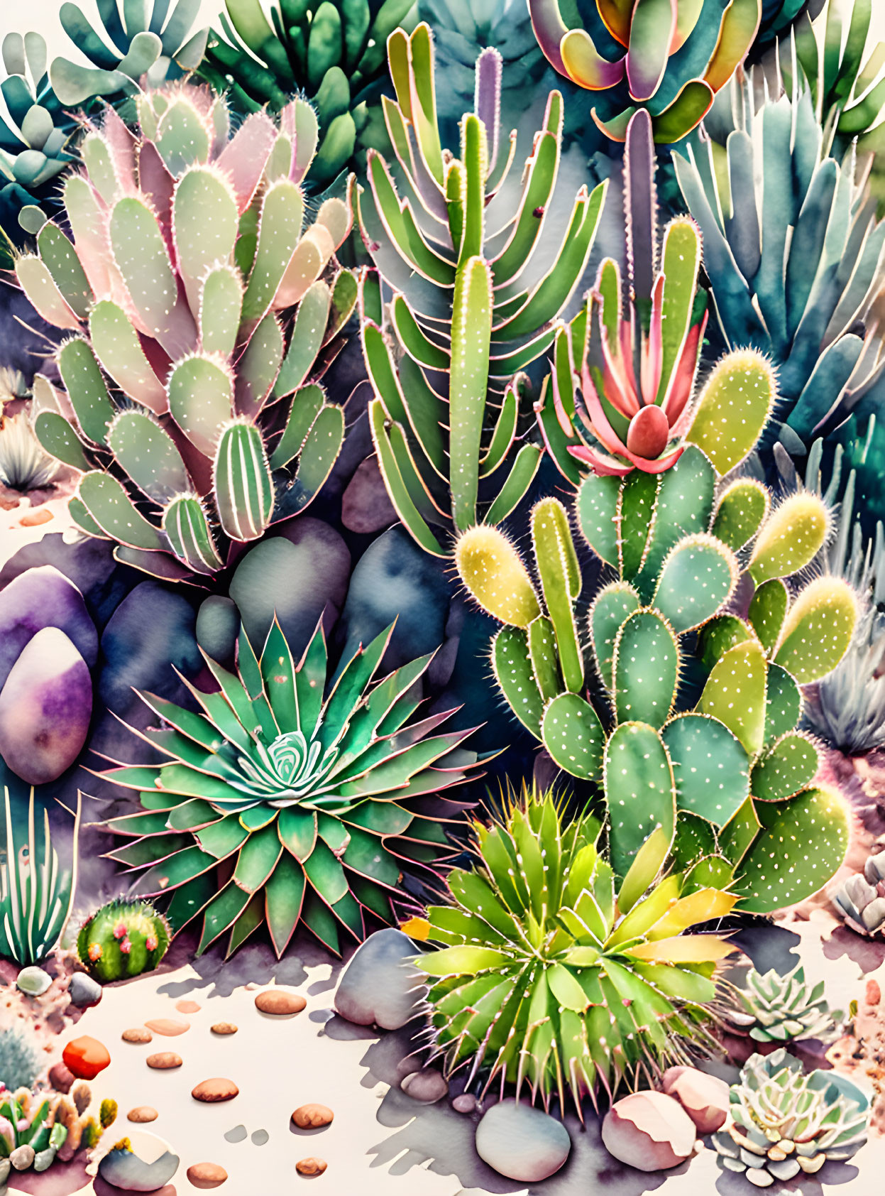 Colorful cacti and succulents on gray-blue background with stones