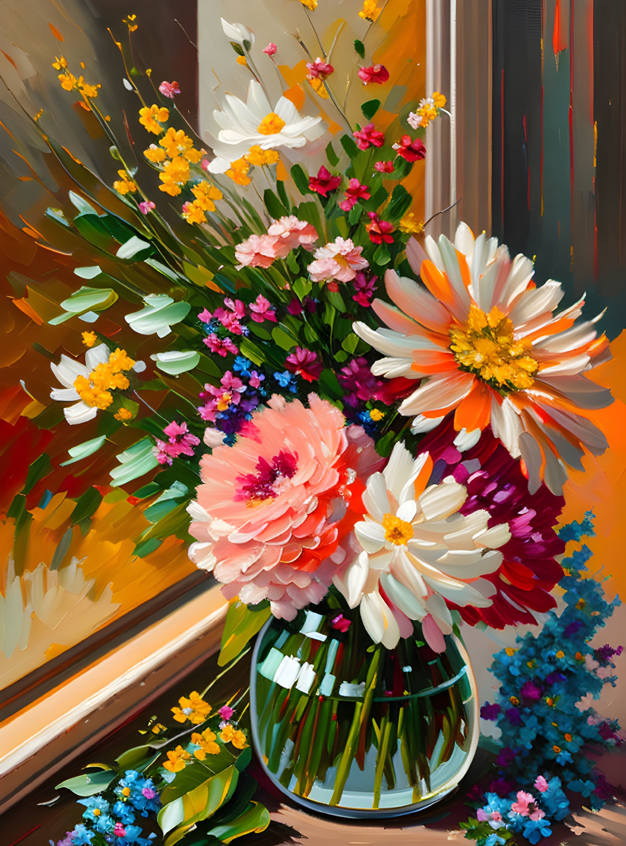 Colorful Bouquet of Flowers in Glass Vase Oil Painting