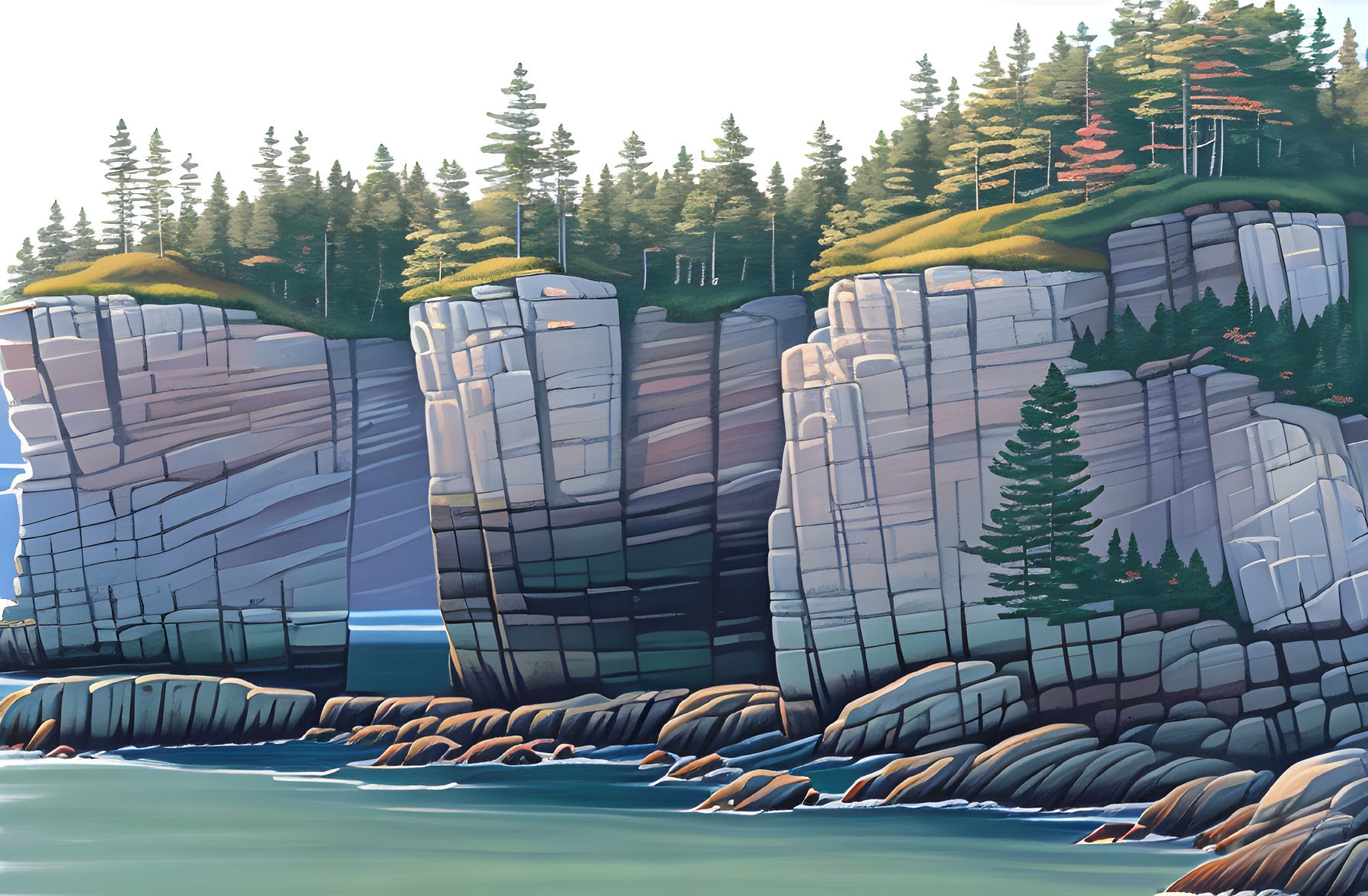 Illustrated coastal landscape with towering cliffs and evergreen forests above calm blue waters