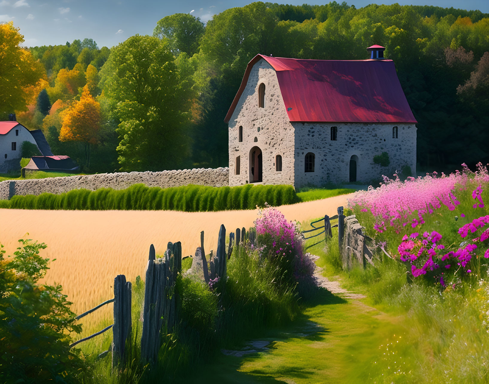 Stone house with red roof in vibrant landscape of golden fields, greenery, and purple wildflowers