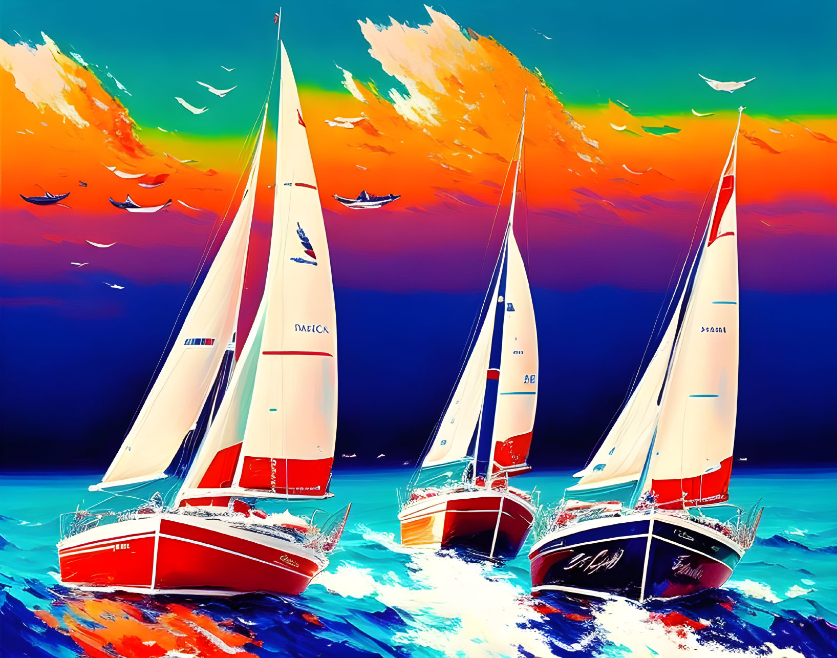 Three red sailboats racing on blue sea at sunset with seagulls