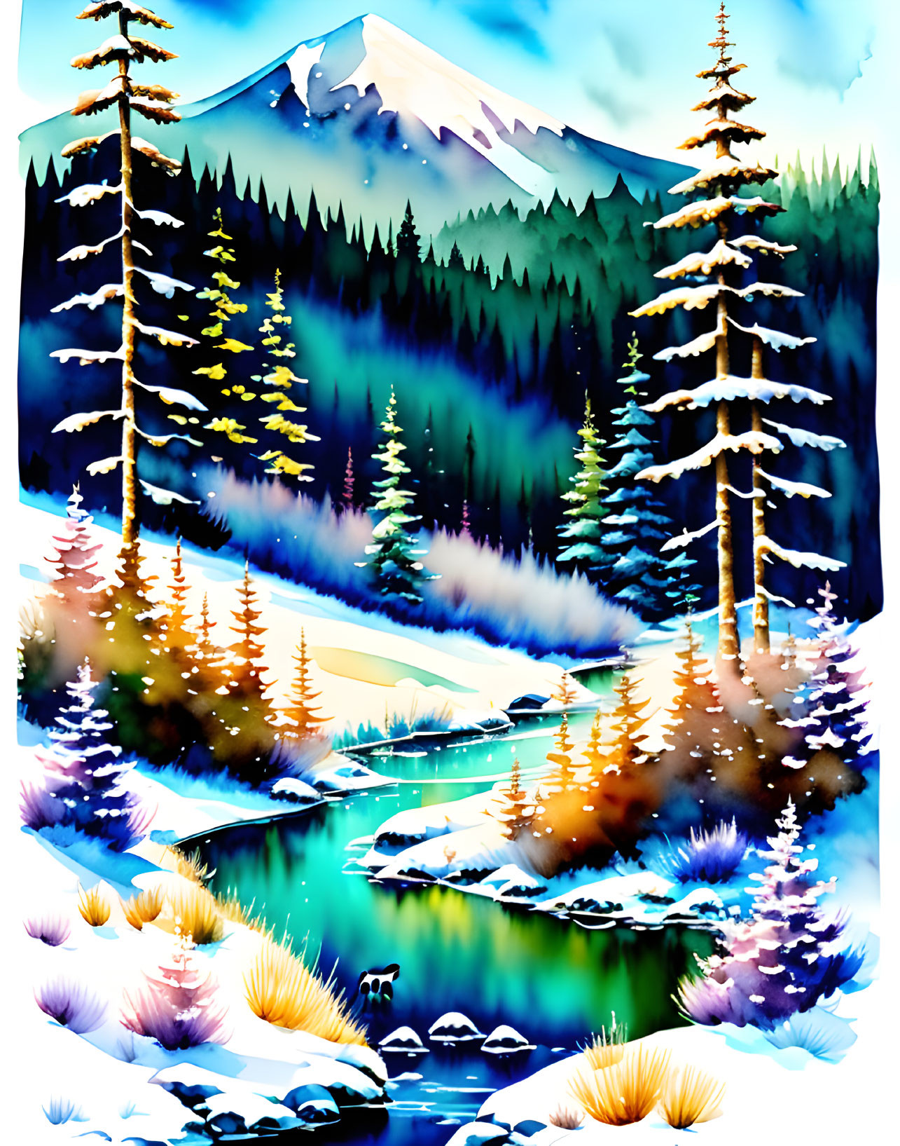 Serene mountain landscape with evergreen trees and river