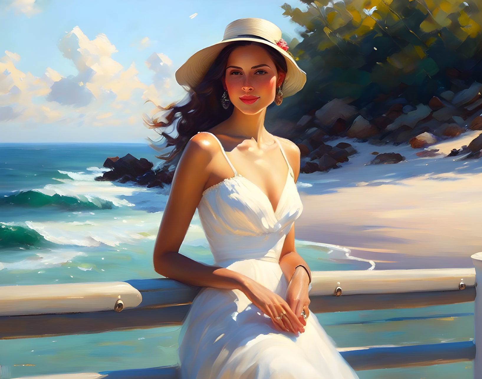 Woman in white dress and sunhat by seaside railing with crashing waves and sunny sky