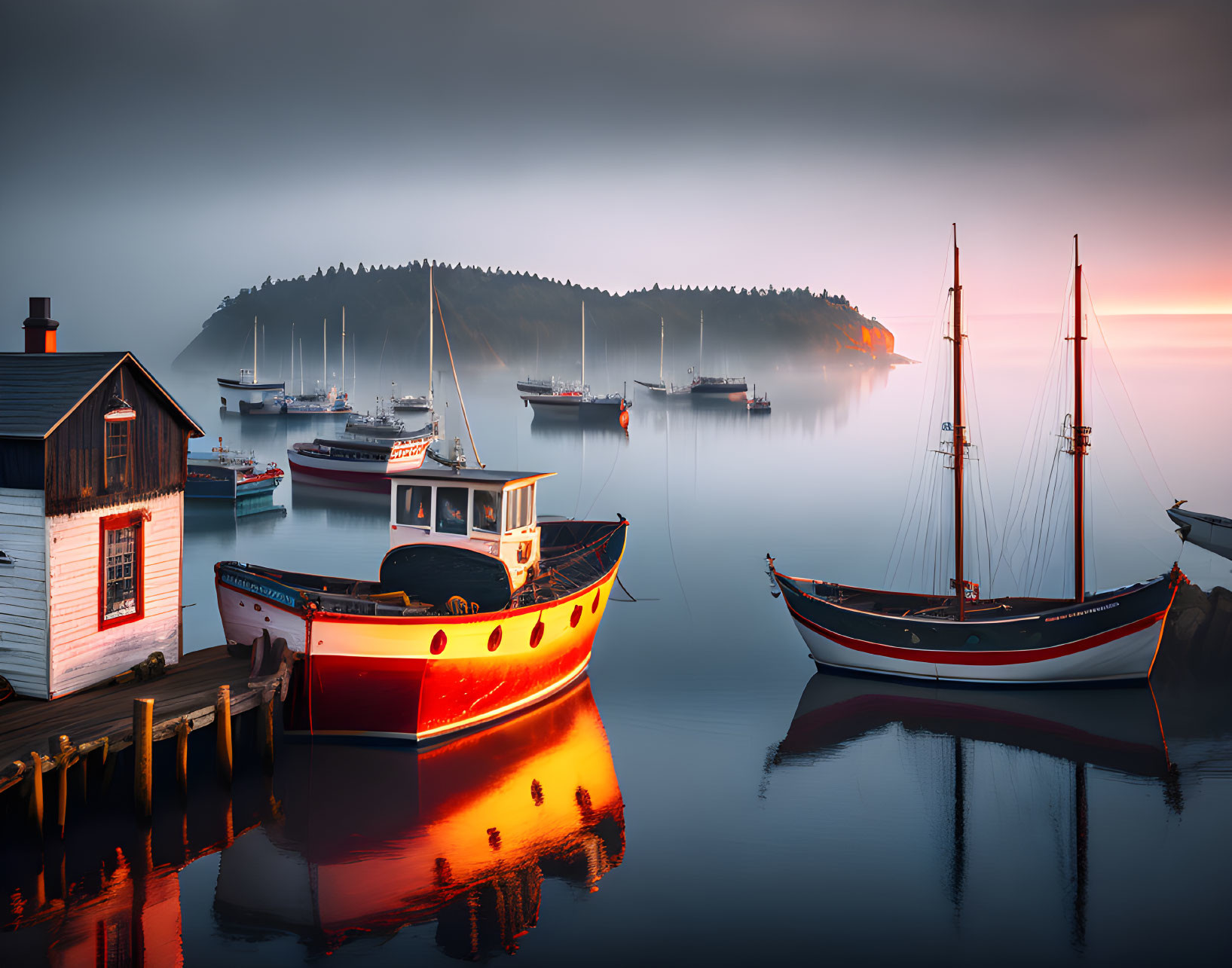 Tranquil harbor scene at twilight with boats, house on dock & misty island