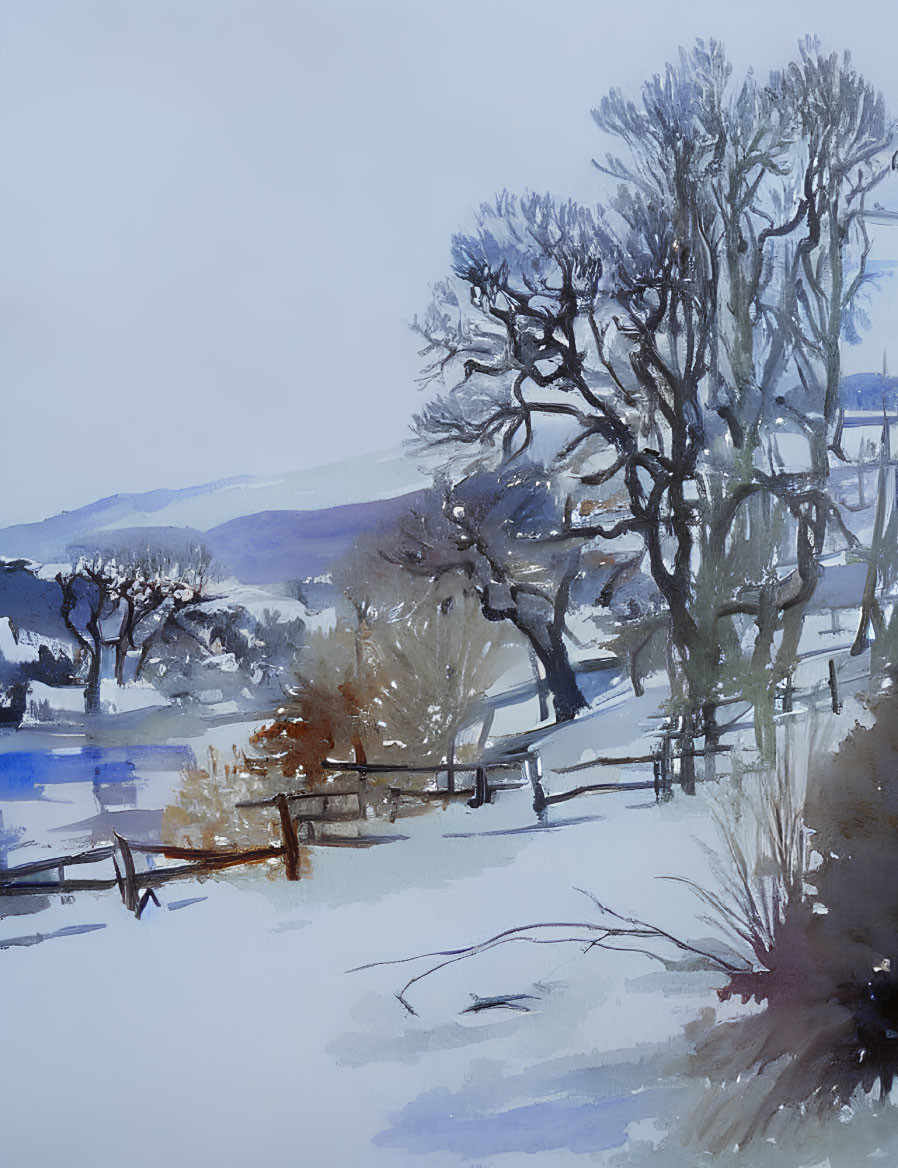 Winter Watercolor Painting of Bare Trees, Wooden Fence, and Snow-covered Ground