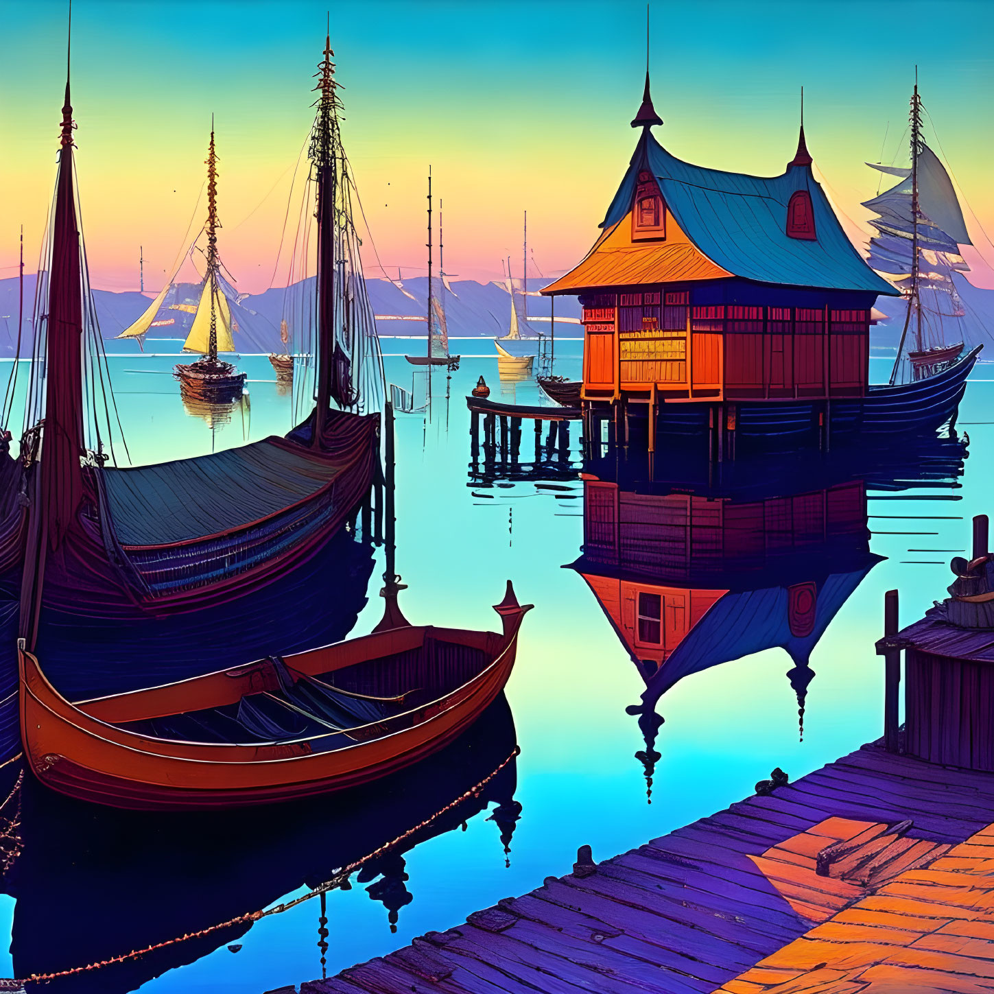 Vibrant stylized harbor scene with boats, building, and reflections at sunrise or sunset