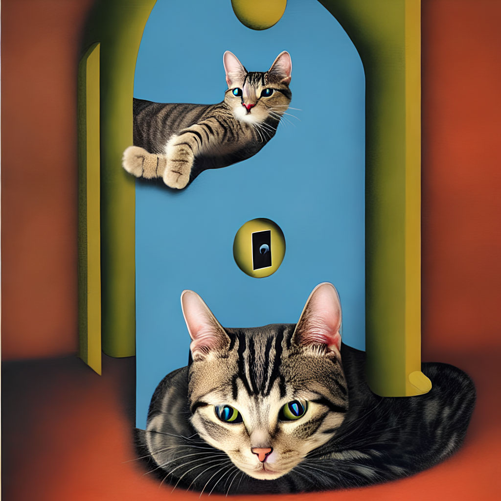 Two cats framed through keyhole shape: one lying, one peeking.