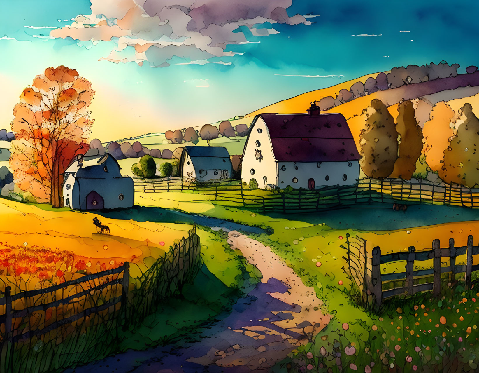 Vibrant autumn rural illustration with thatched-roof cottages, trees, and a dog