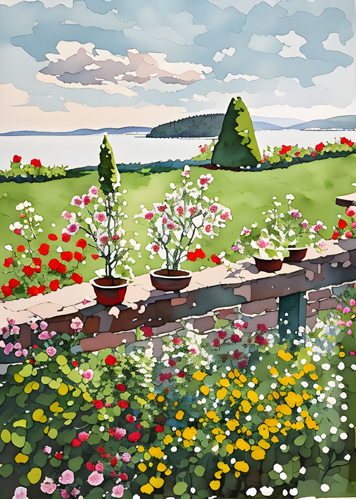 Scenic blooming garden by serene lake in watercolor