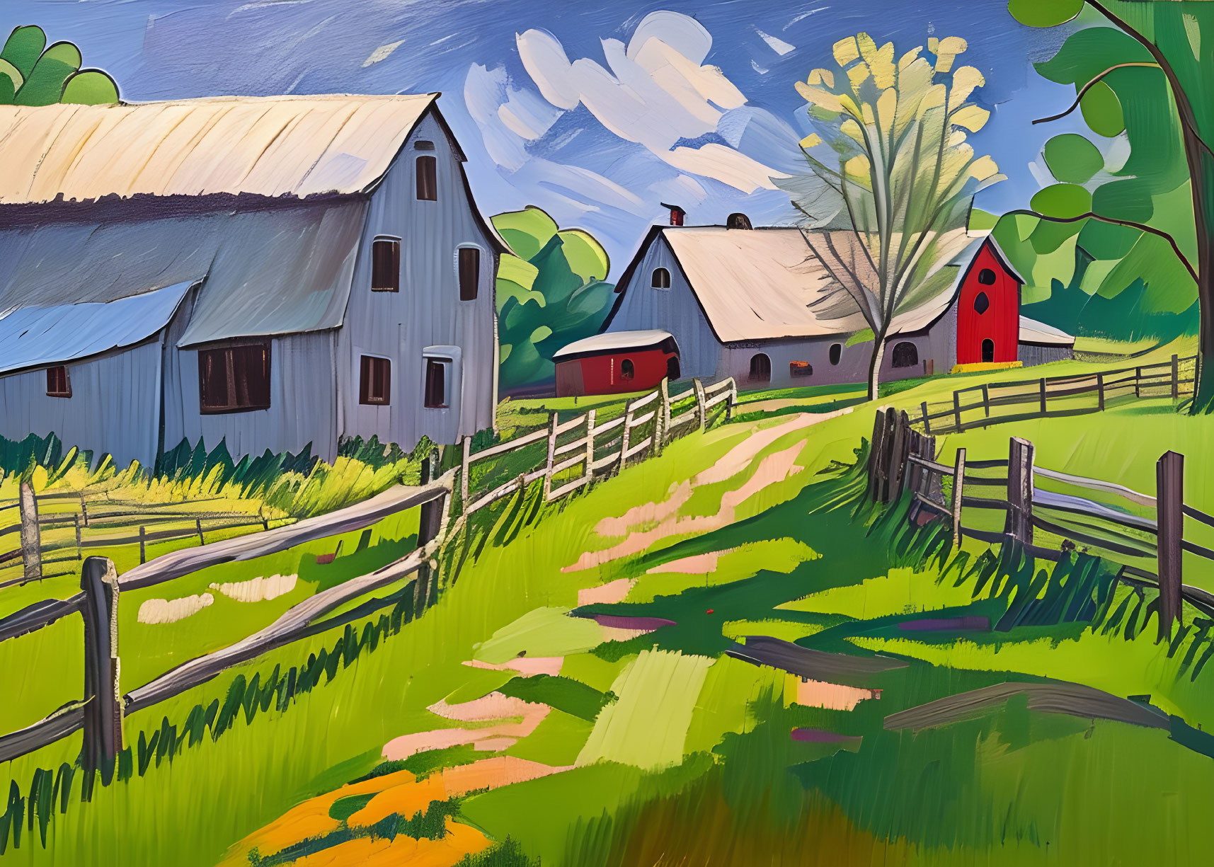 Colorful countryside scene with white barns, red farmhouse, green trees, blue sky, and wooden