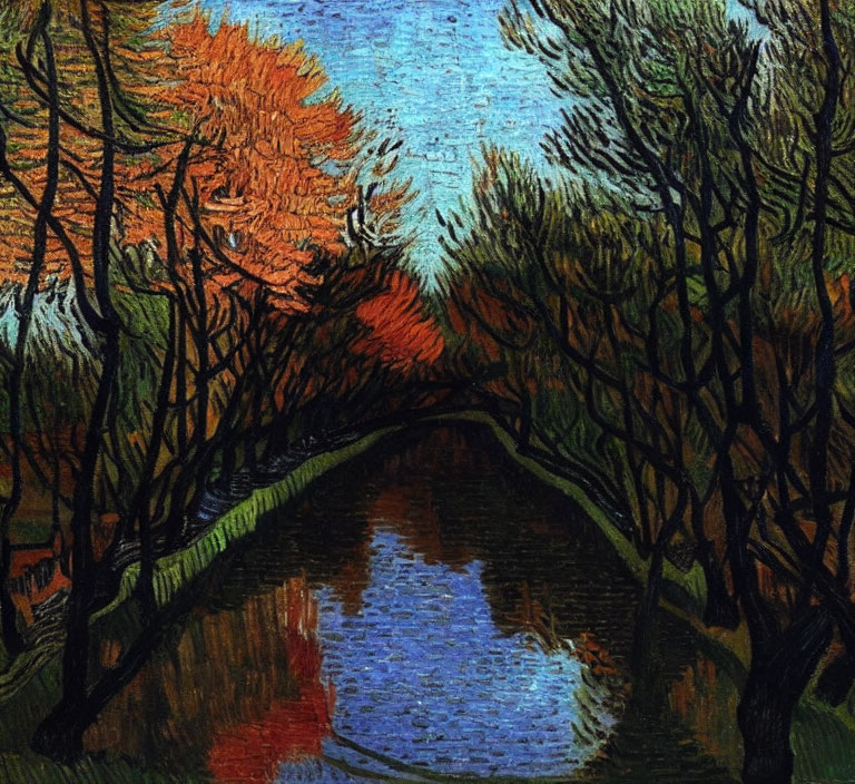 Impressionistic painting of tree-lined path over reflective waterway