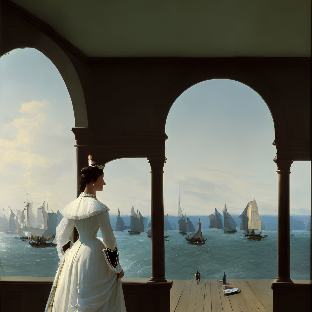 Vintage-dressed woman on balcony overlooking sailboats in bay