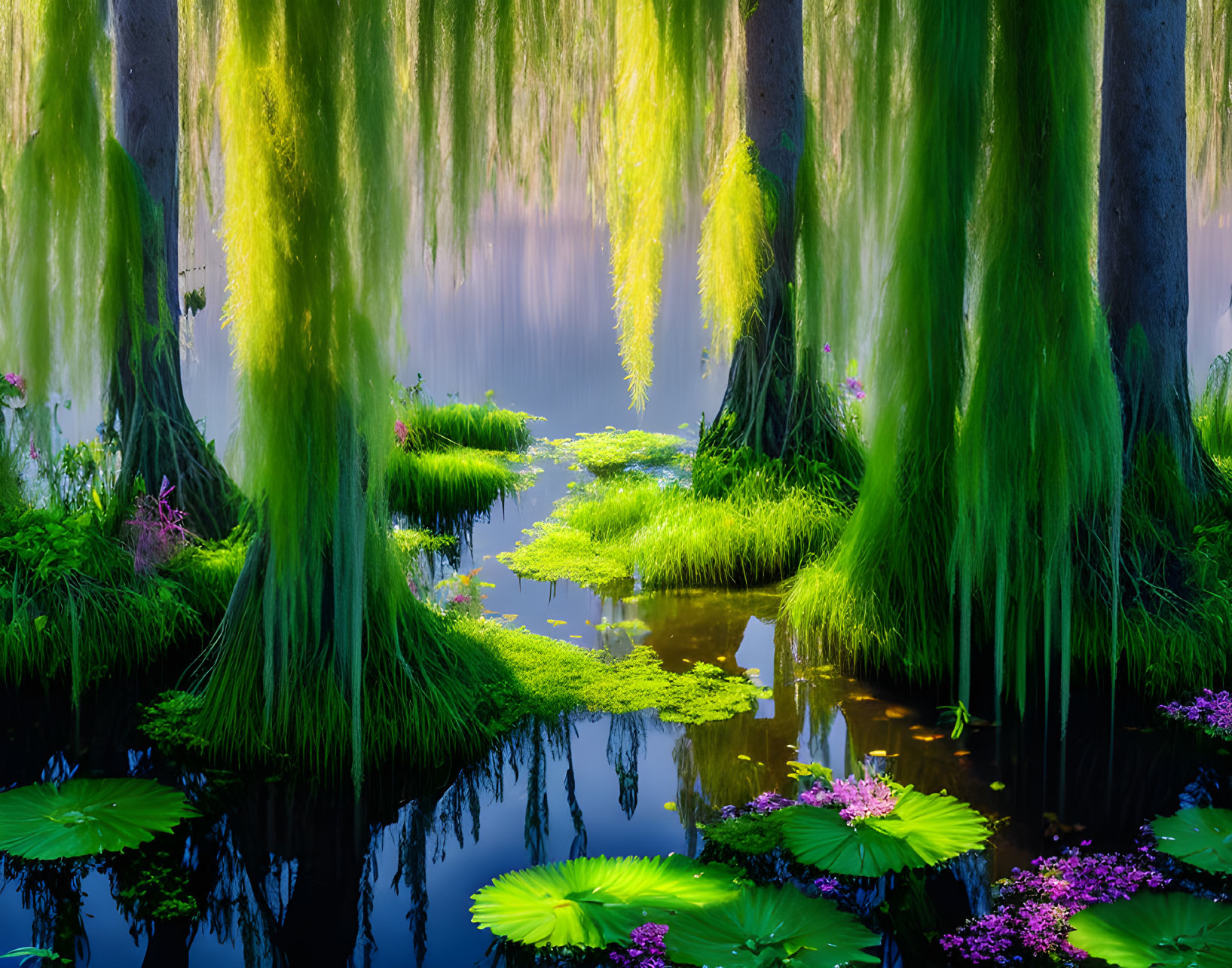 Lush swamp landscape with mossy trees, lily pads, and purple flowers