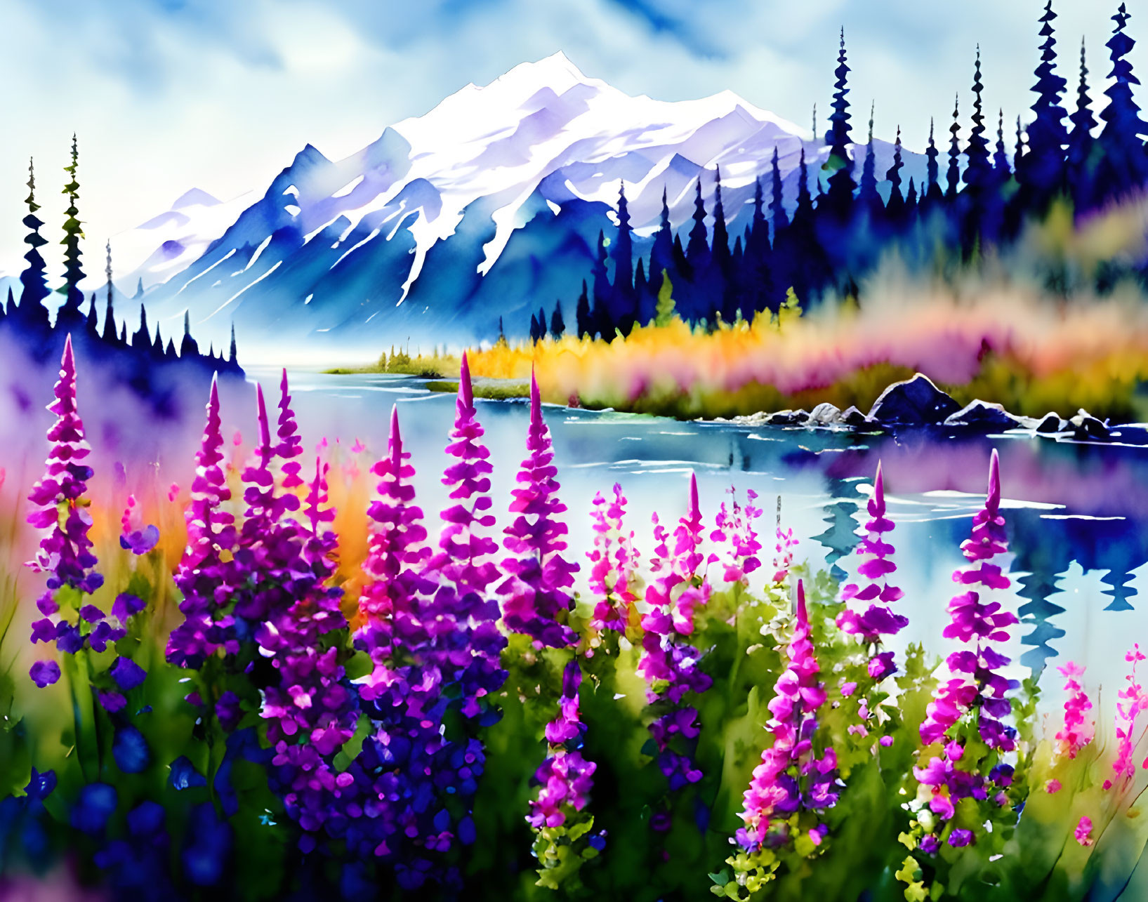 Scenic landscape painting with purple wildflowers, serene lake, and snow-capped mountains