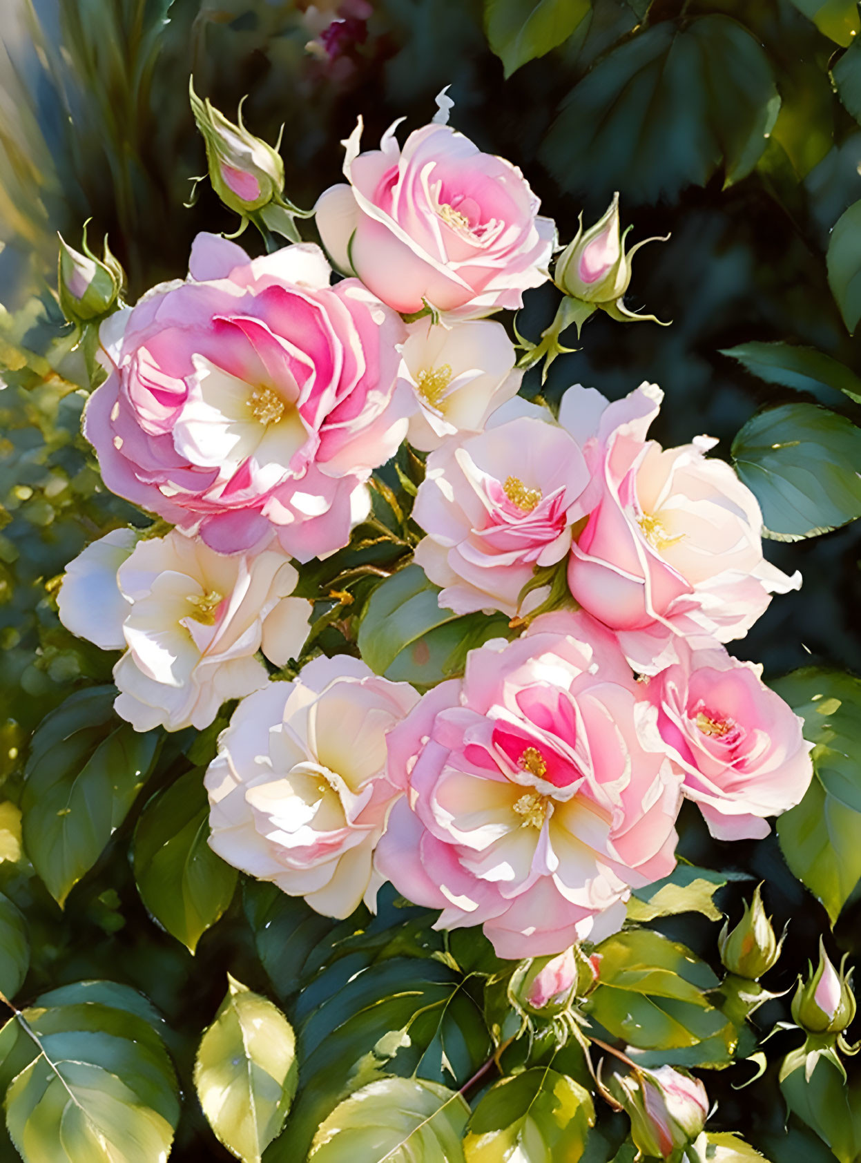 Delicate pink and white roses in sunlight among green leaves