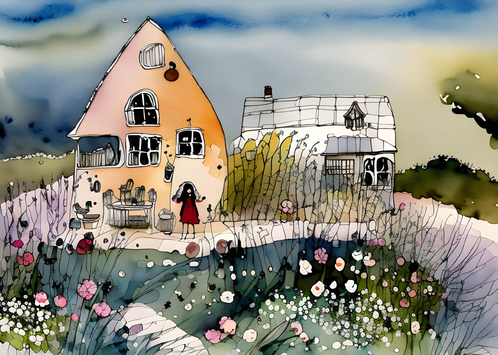 Colorful Watercolor Illustration of Quaint Houses in Blooming Garden