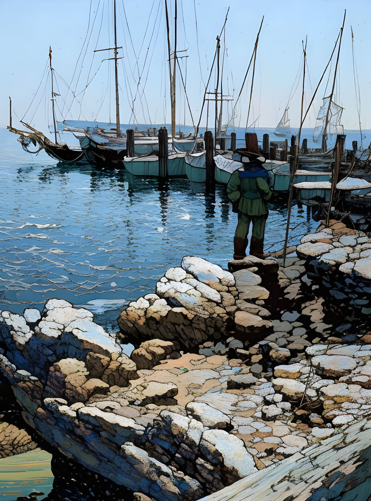 Digital illustration: Person on rocky pier, sailboats at wooden dock