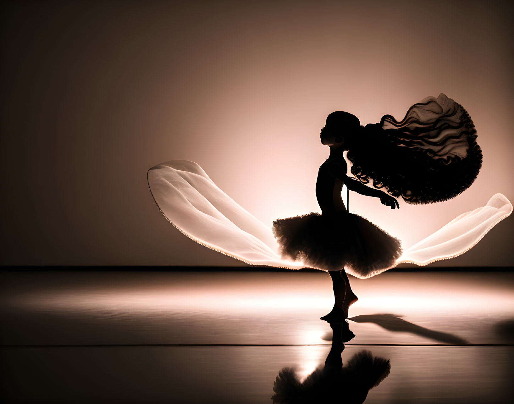 Ballerina silhouette mid-twirl with flowing tutu