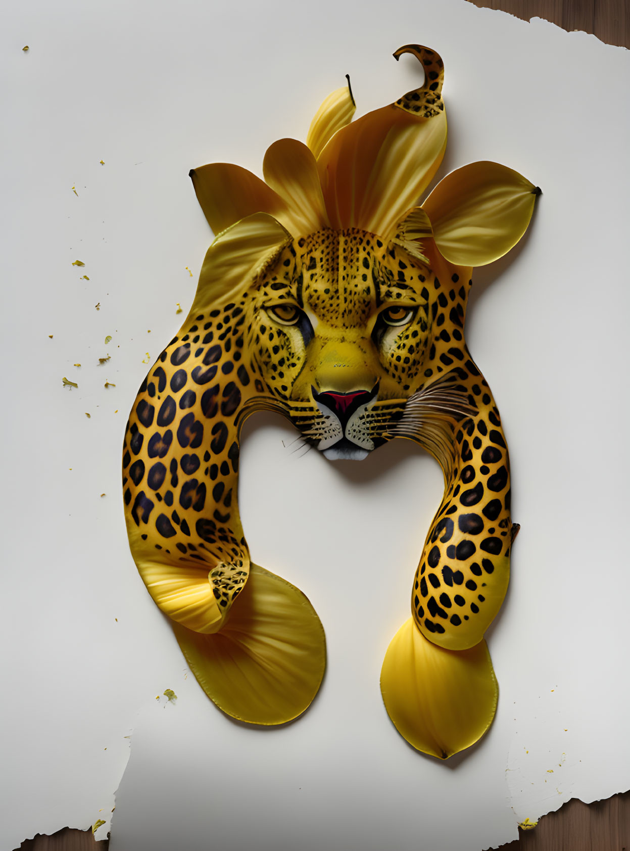 Leopard face emerges from golden sheets on torn white background