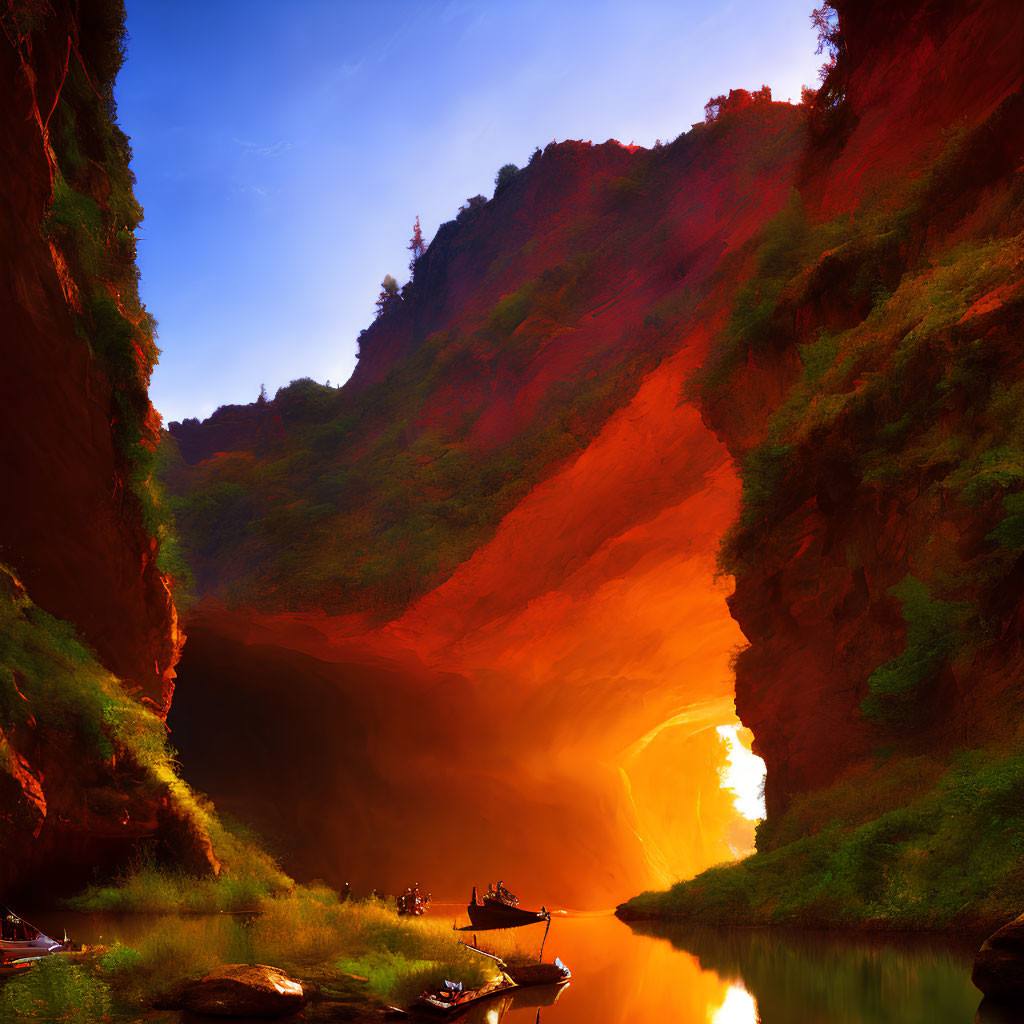 Sunlit Red Cliffs Frame Boats on Serene River