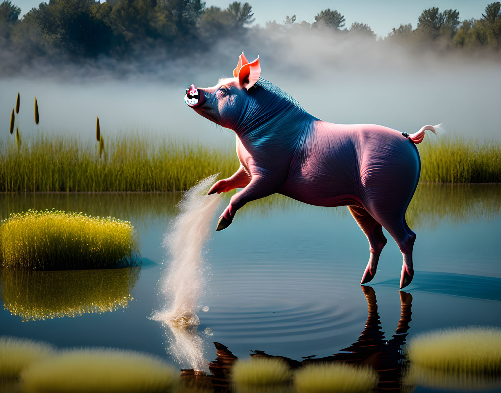 Whimsical anthropomorphic pig dancing by serene lake