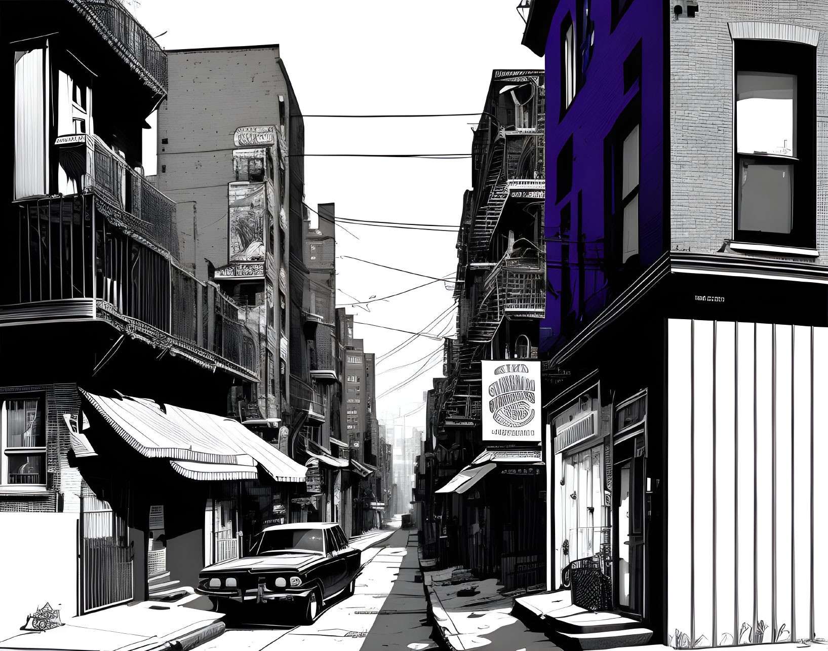 Grayscale urban street scene with classic car, buildings, power lines, and purple building.