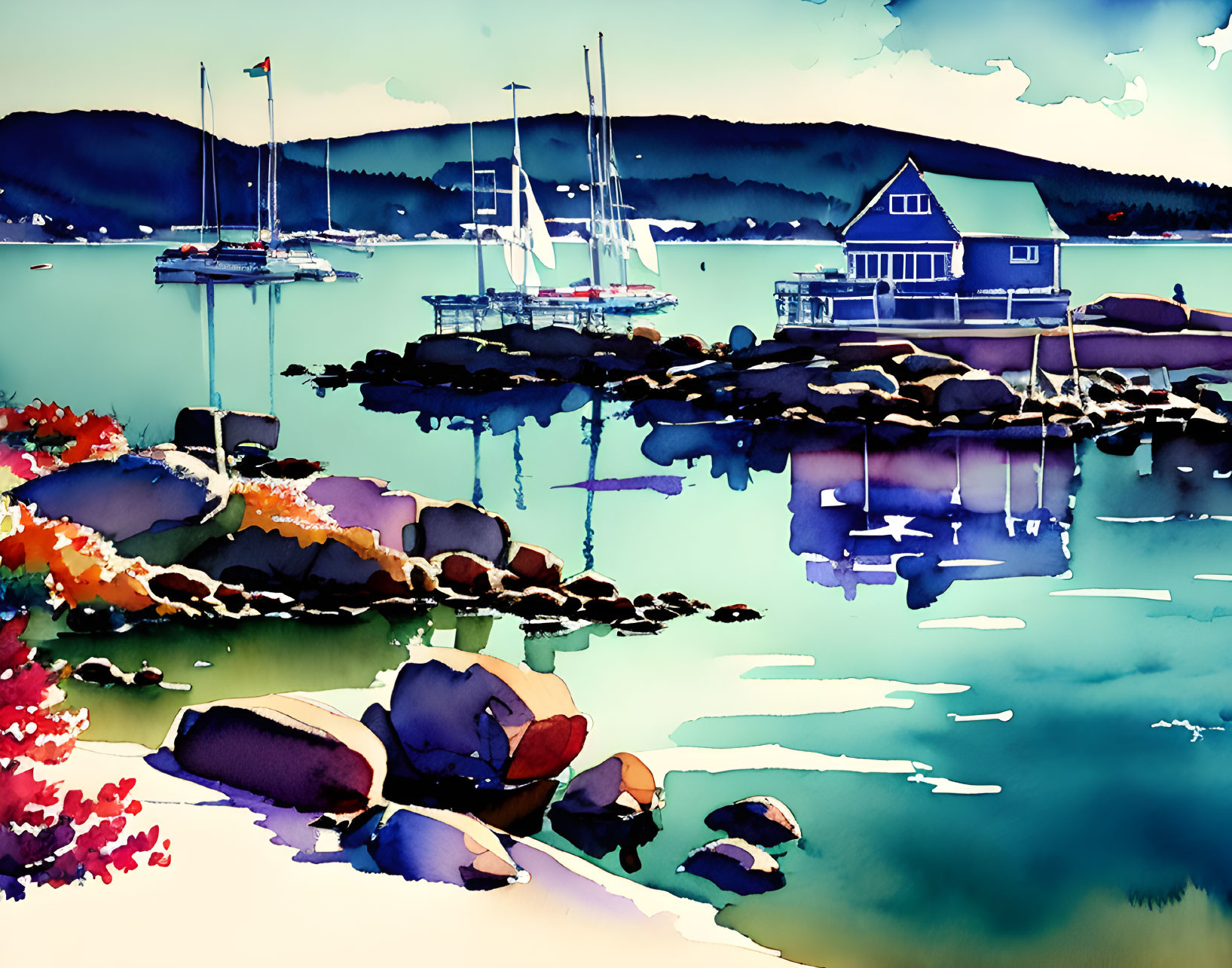 Tranquil harbor scene with boats and waterfront house in watercolor