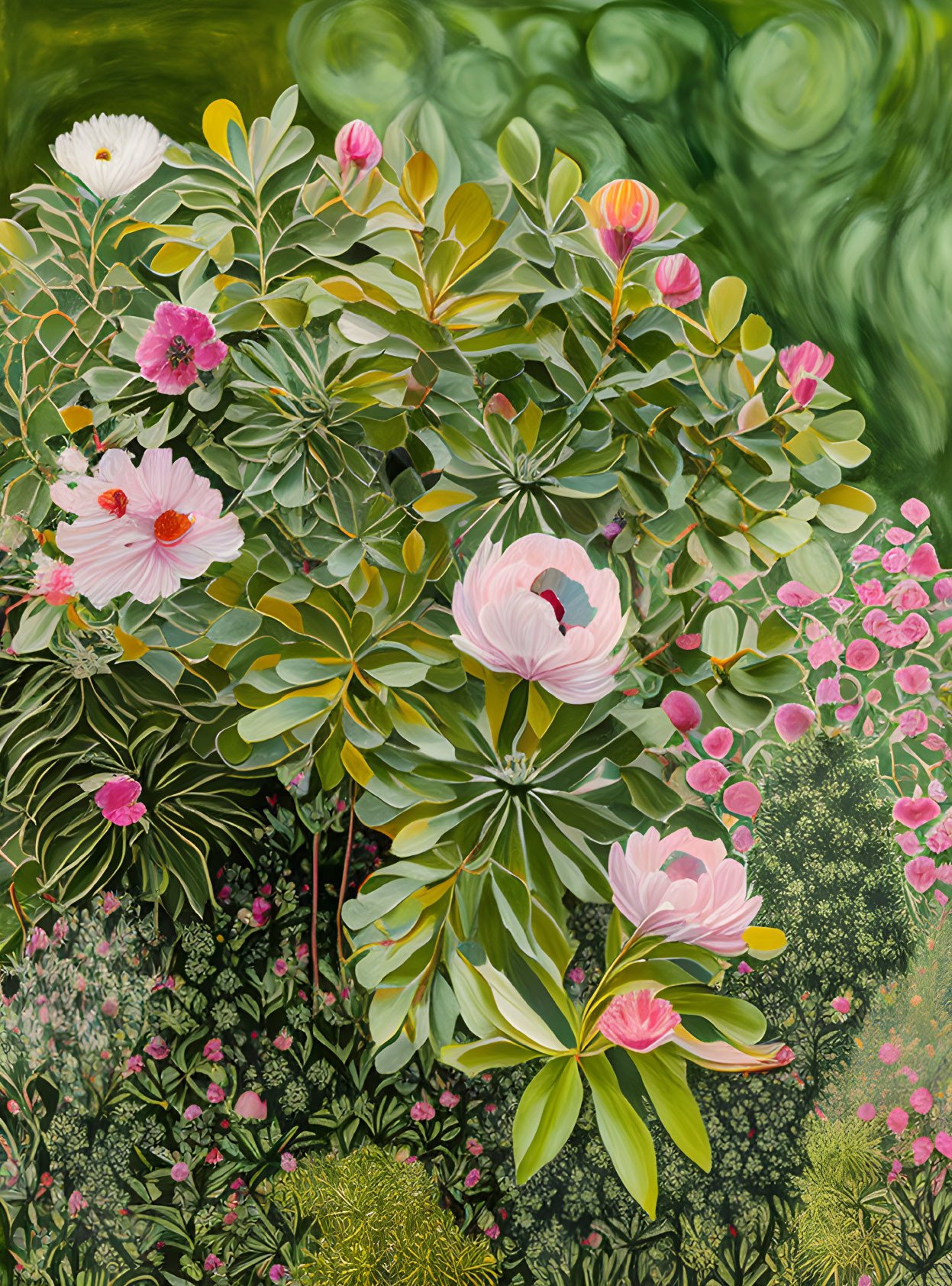 Colorful painting of lush garden with flowering plants in green, pink, and white.