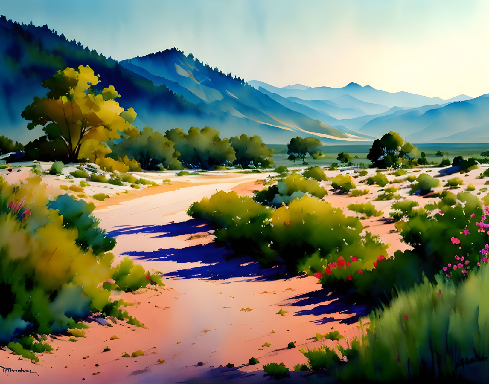 Vibrant Landscape Painting with Sunlit Path and Mountain Backdrop