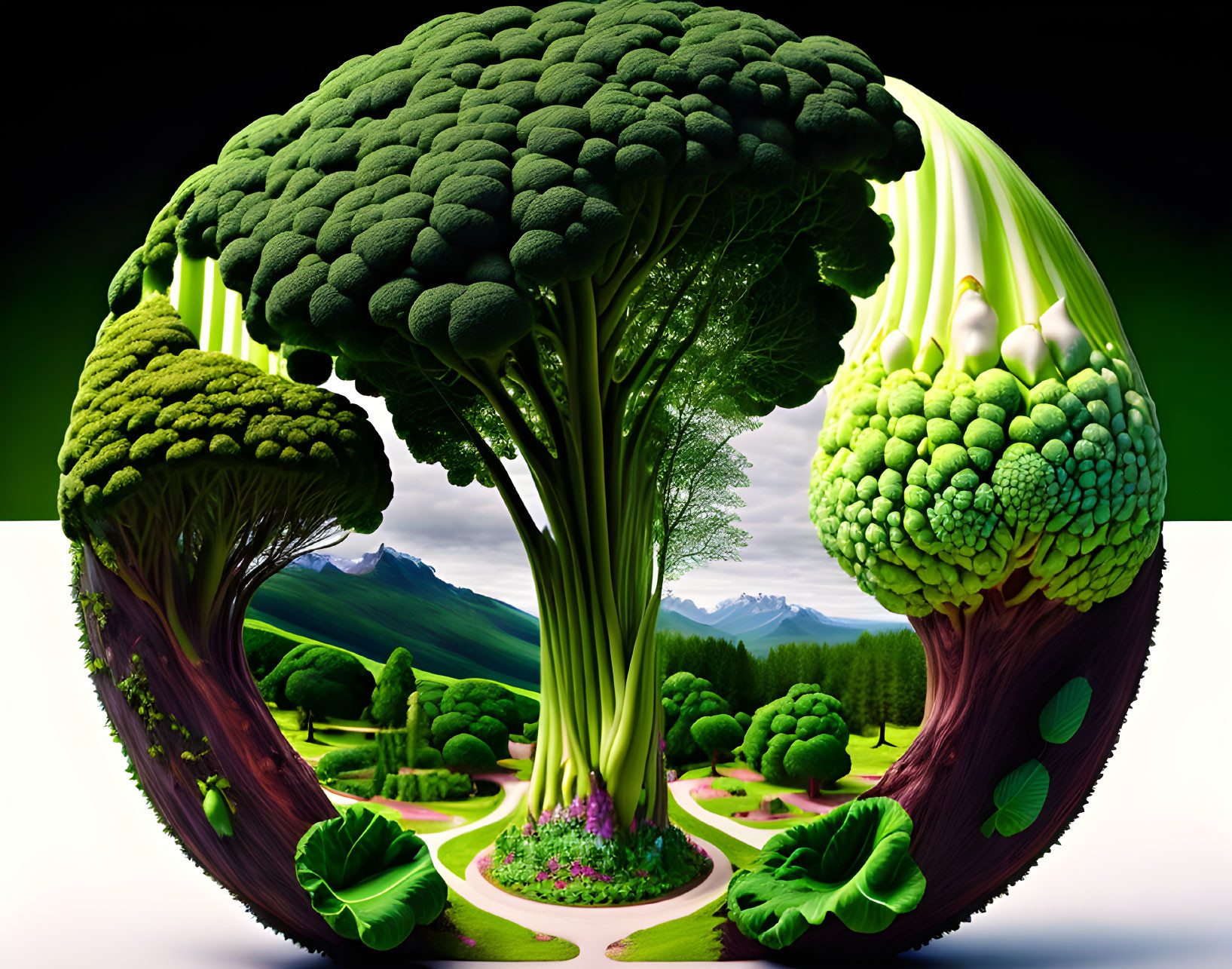 Vibrant green broccoli landscape with tree-like structures