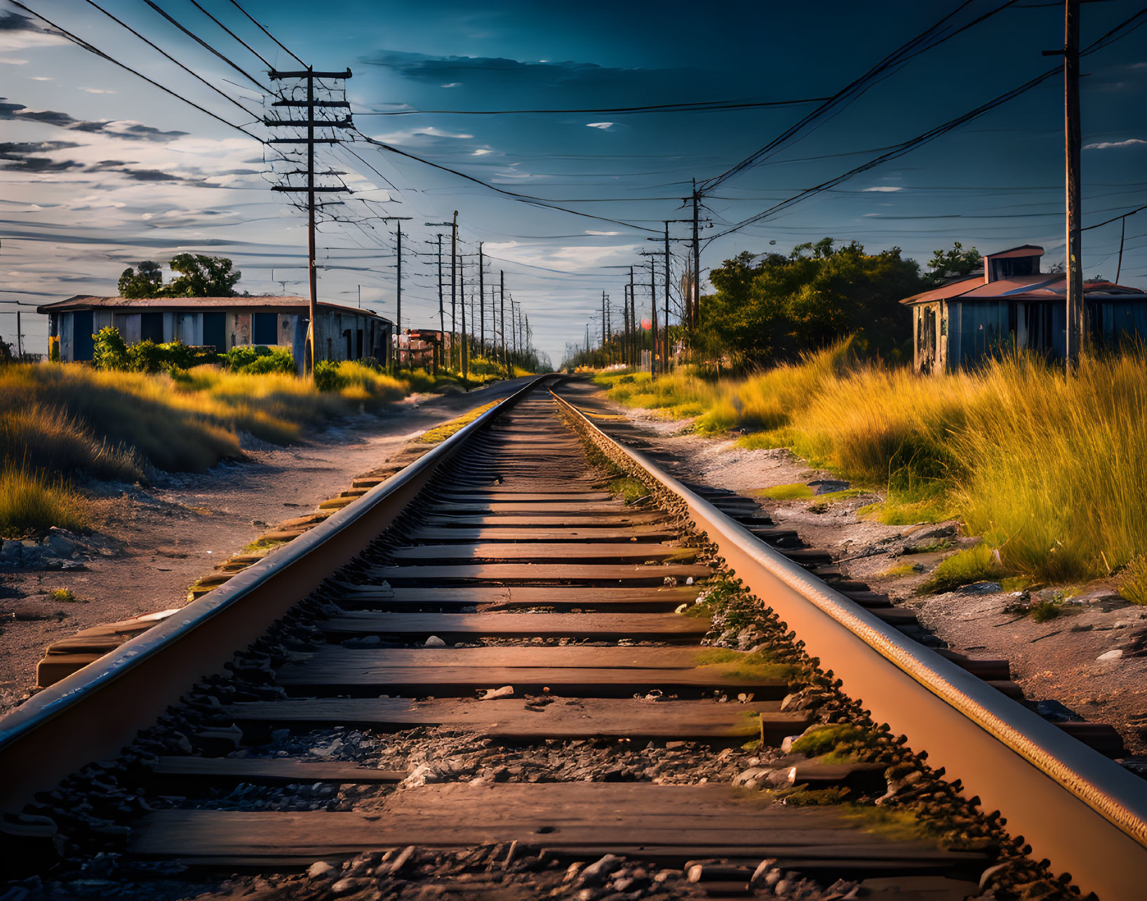 Scenic railroad tracks surrounded by grass, power lines, and buildings under a blue sky