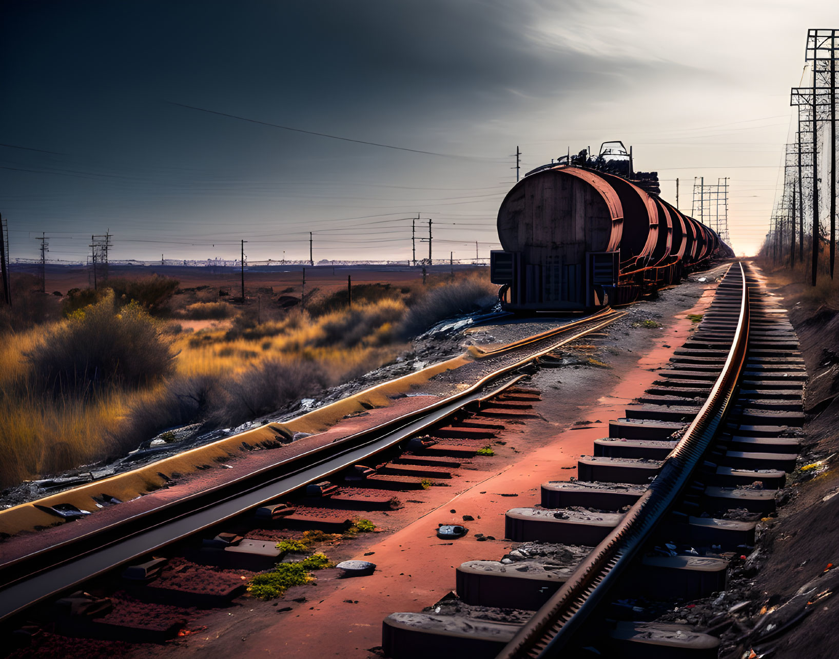 Cylindrical tank cars train on curving track in desolate landscape at dusk