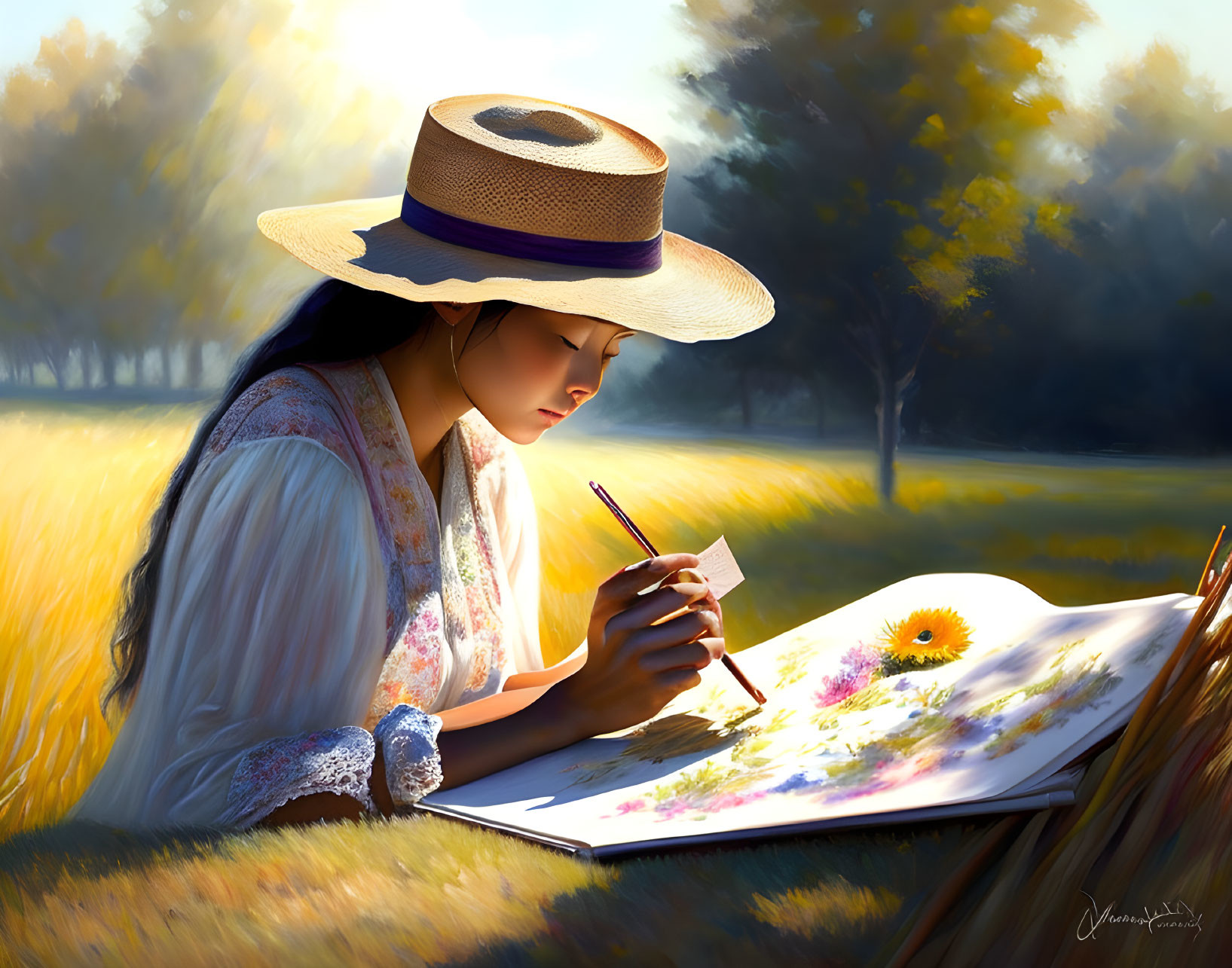 Woman sketching in sunlit field with flowers and trees